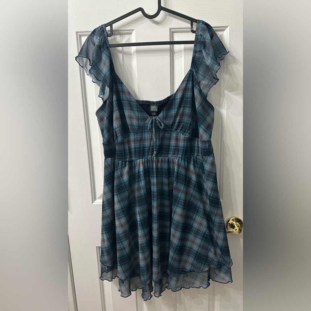 Wild Fable Mini Dress Teal Black Plaid Bow Elastic Back Sheer Ruffle Sleeve XXL